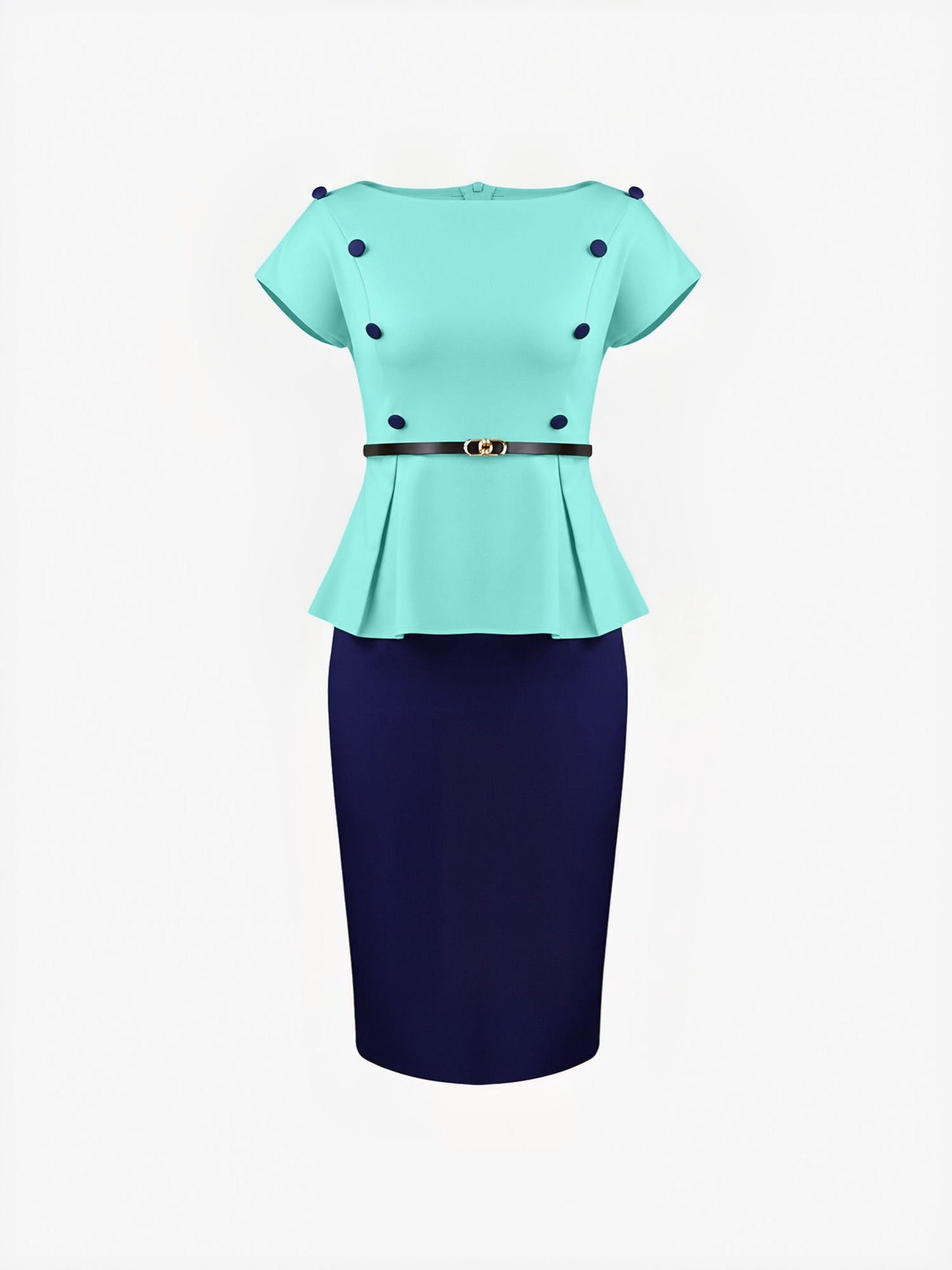 Colorblock Belted Short Sleeves Midi Sheath Dress
