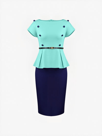 Colorblock Belted Short Sleeves Midi Sheath Dress