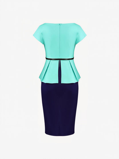 Colorblock Belted Short Sleeves Midi Sheath Dress