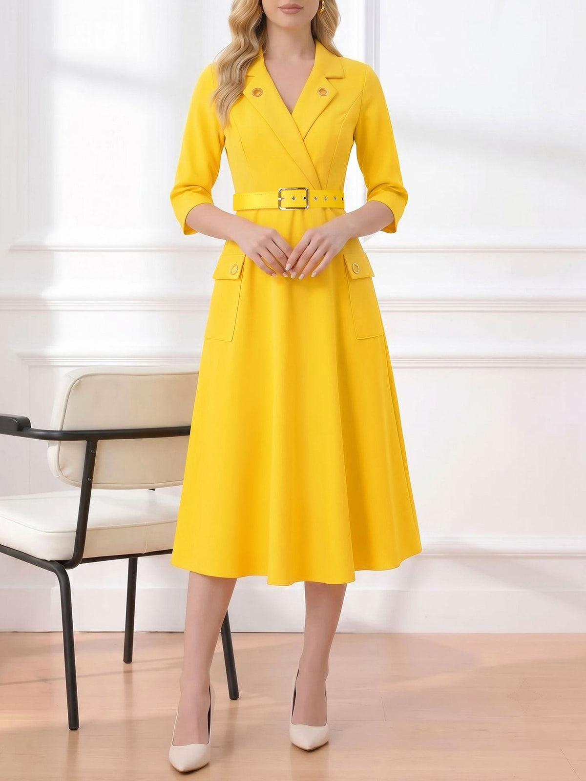 Notched Lapel Belted Pocketed Midi A-Line Dress