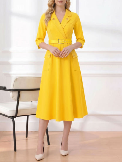 Notched Lapel Belted Pocketed Midi A-Line Dress