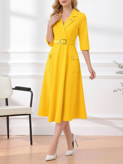 Notched Lapel Belted Pocketed Midi A-Line Dress
