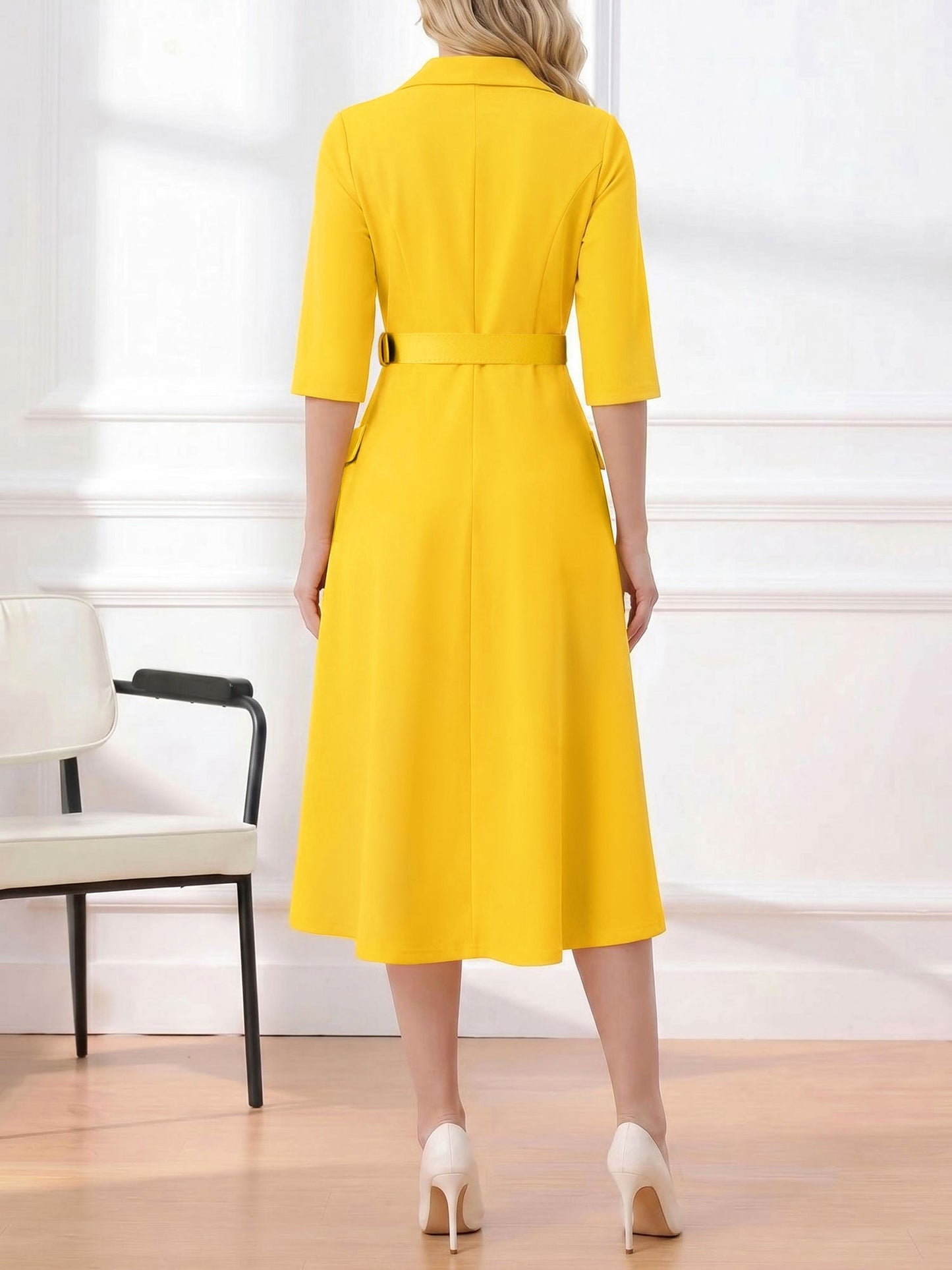 Notched Lapel Belted Pocketed Midi A-Line Dress