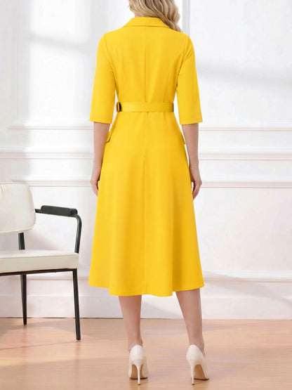 Notched Lapel Belted Pocketed Midi A-Line Dress