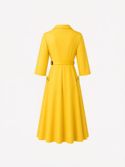 Notched Lapel Belted Pocketed Midi A-Line Dress