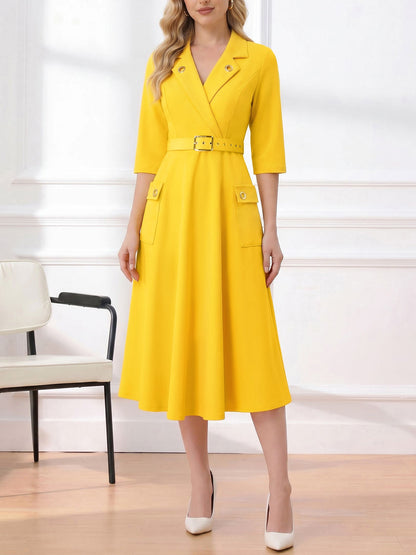 Notched Lapel Belted Pocketed Midi A-Line Dress