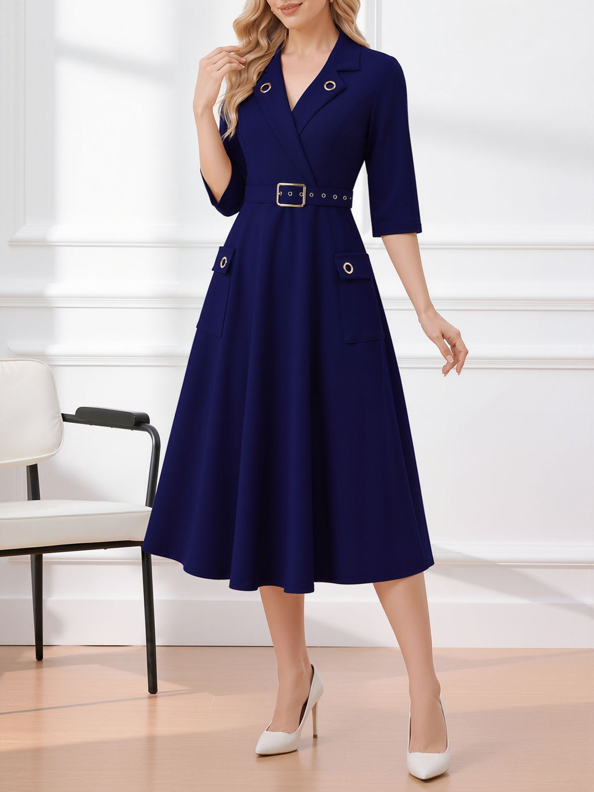 Notched Lapel Belted Pocketed Midi A-Line Dress