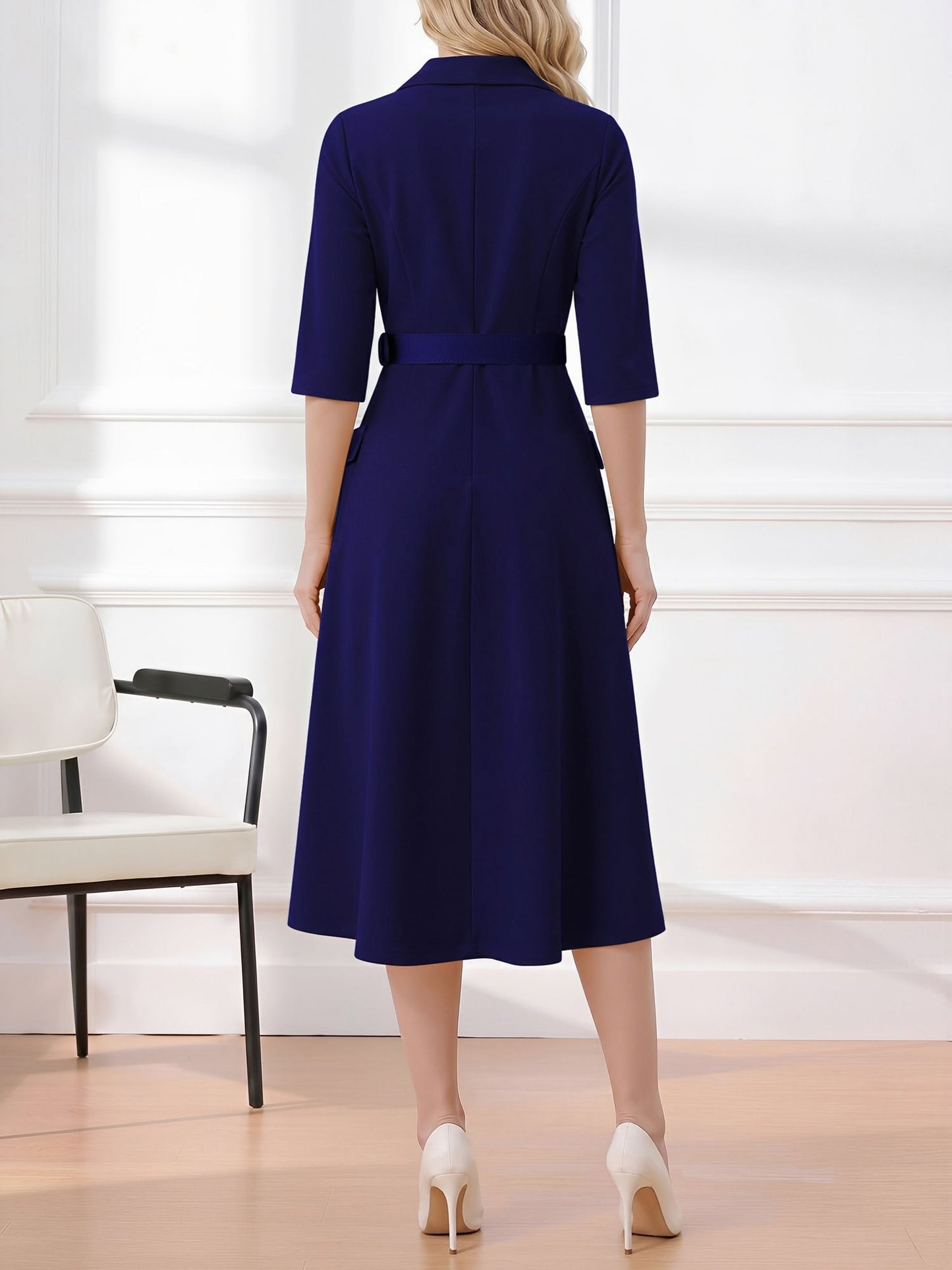 Notched Lapel Belted Pocketed Midi A-Line Dress