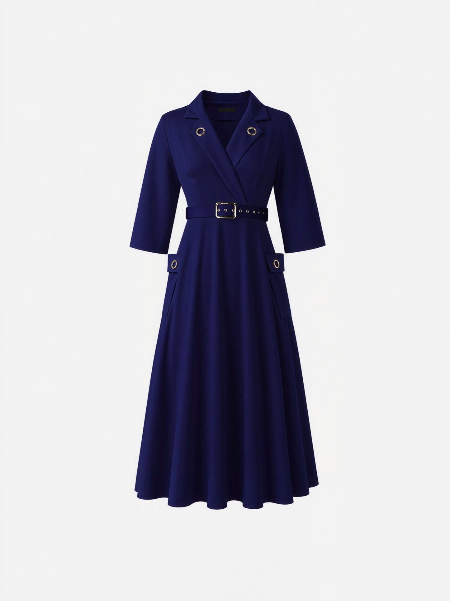 Notched Lapel Belted Pocketed Midi A-Line Dress
