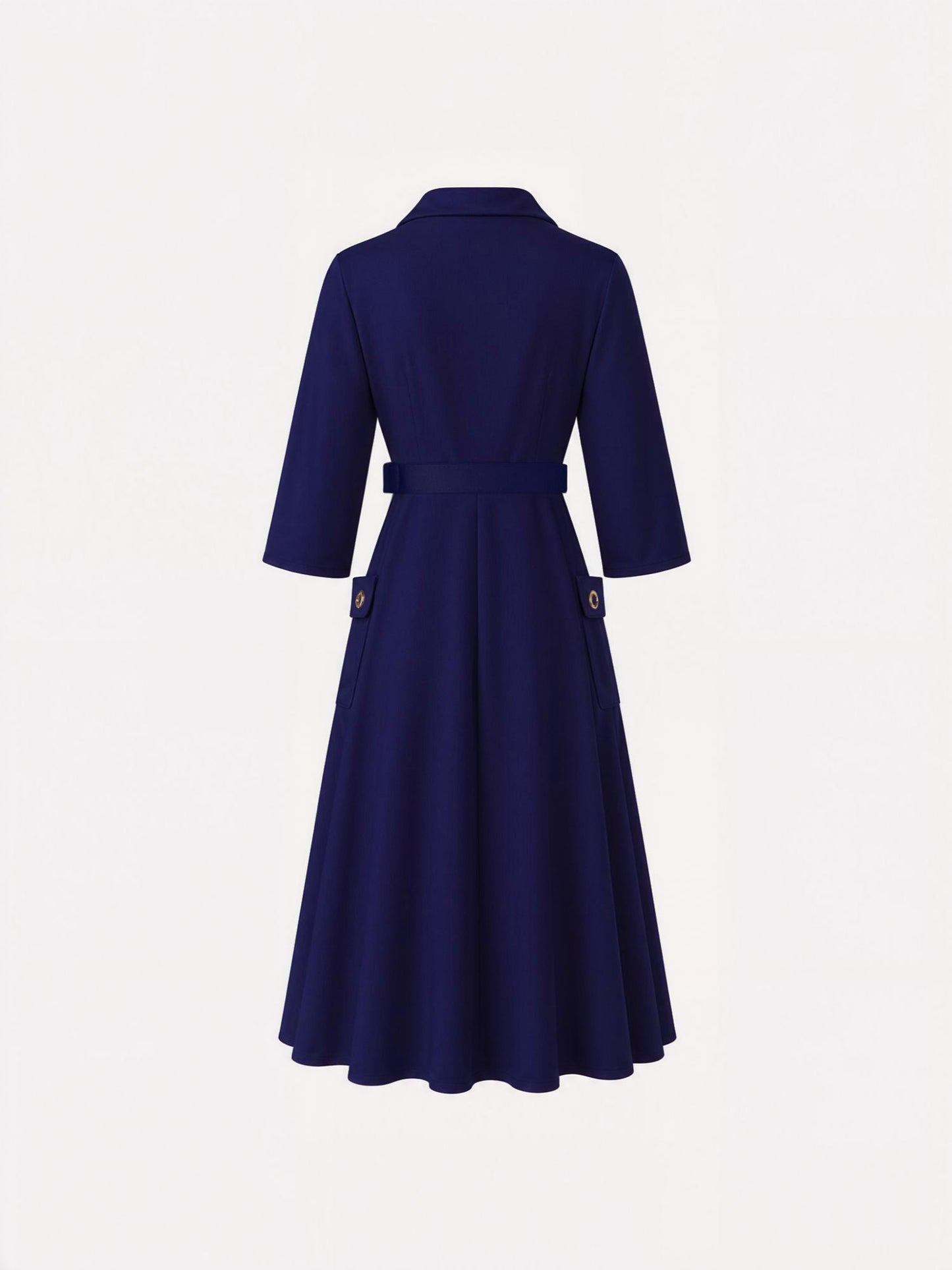Notched Lapel Belted Pocketed Midi A-Line Dress