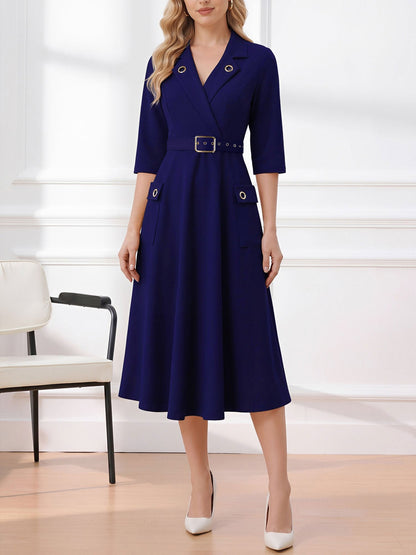 Notched Lapel Belted Pocketed Midi A-Line Dress