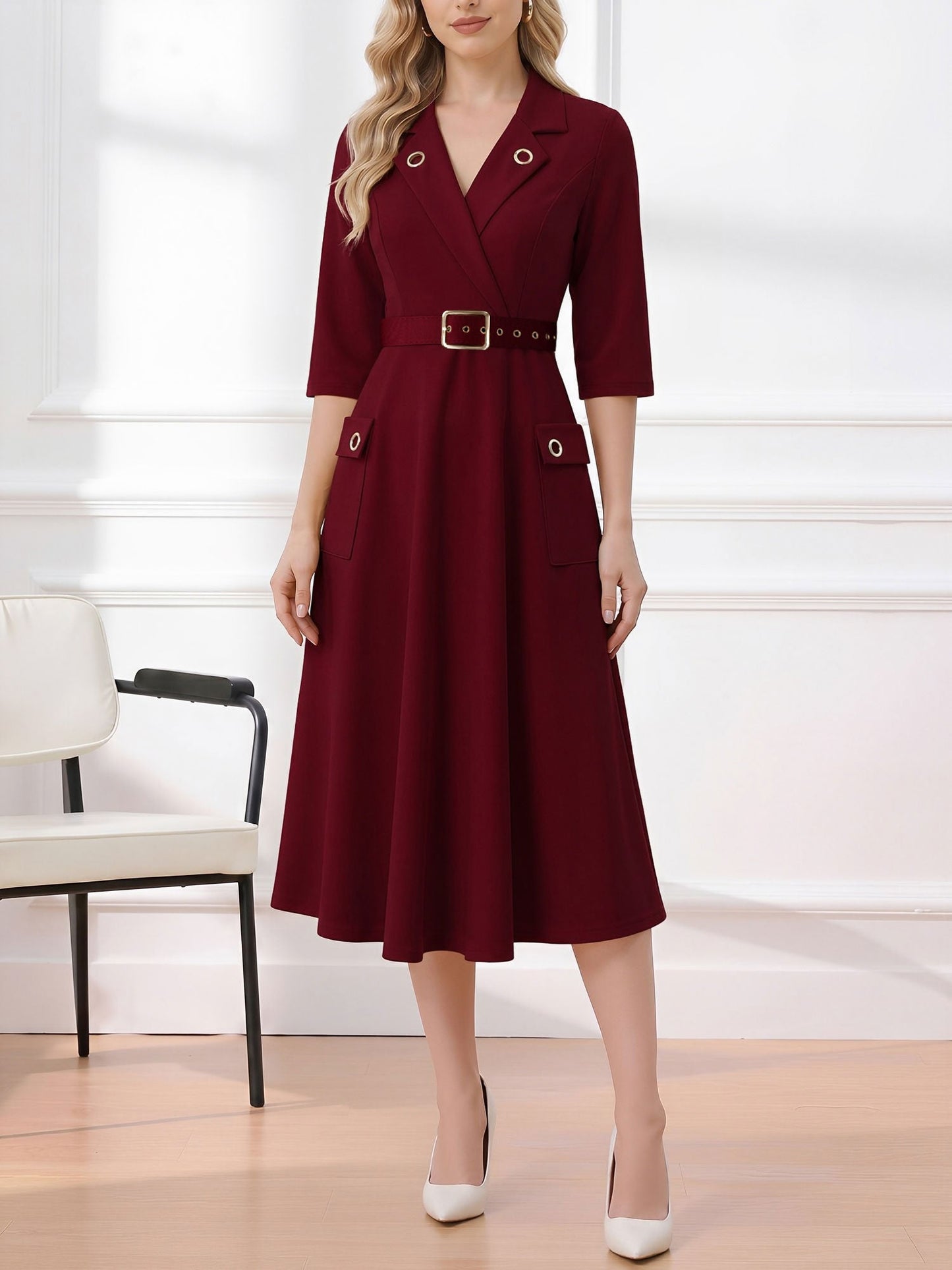 Notched Lapel Belted Pocketed Midi A-Line Dress