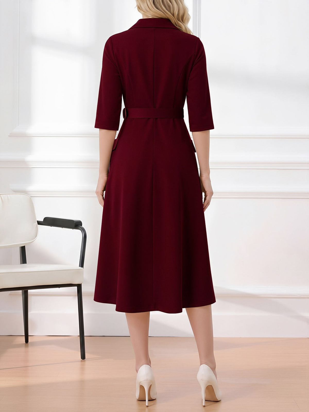 Notched Lapel Belted Pocketed Midi A-Line Dress