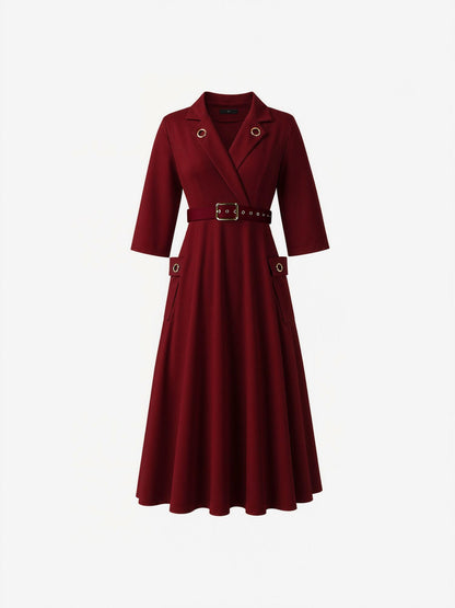 Notched Lapel Belted Pocketed Midi A-Line Dress