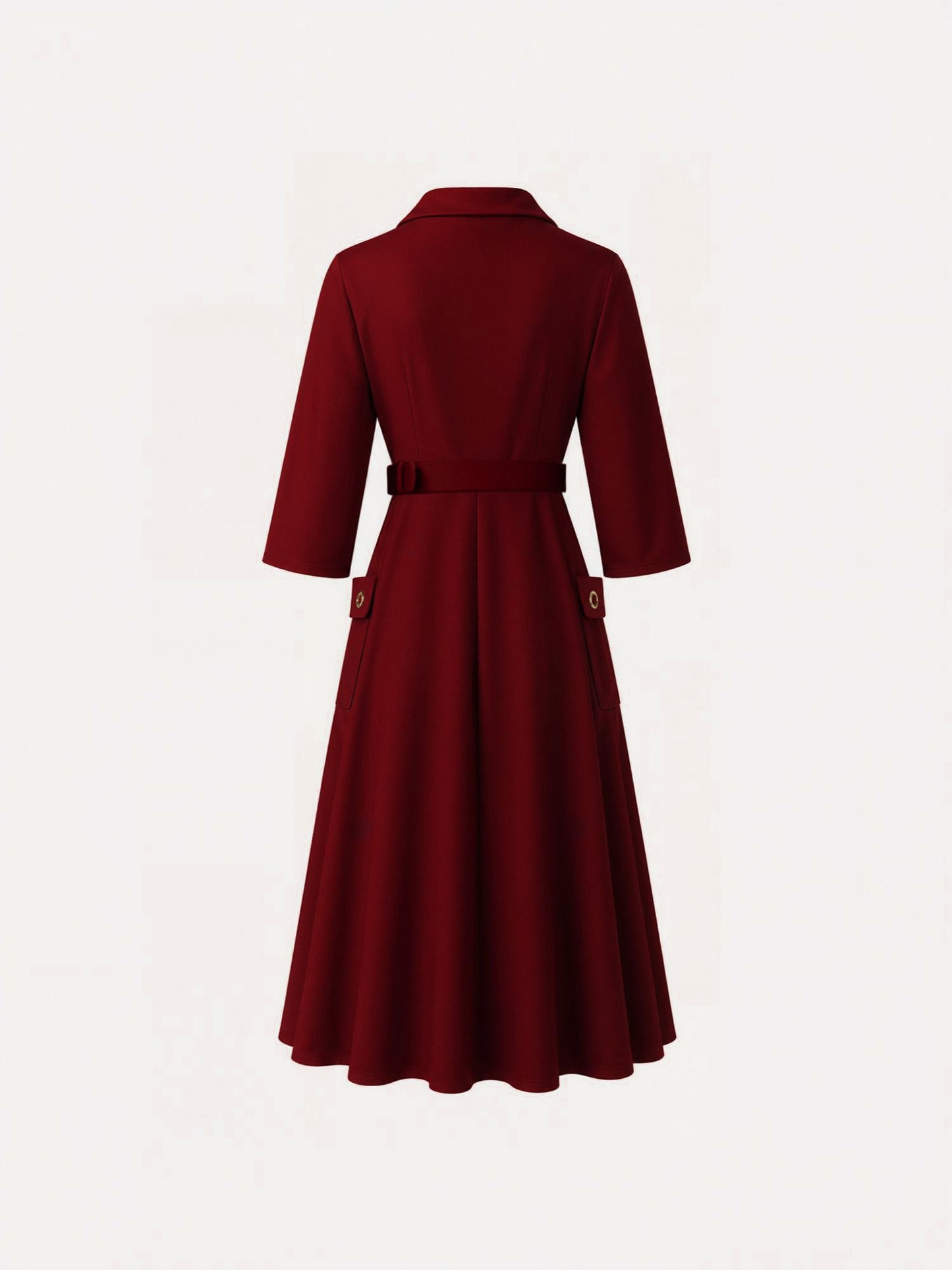 Notched Lapel Belted Pocketed Midi A-Line Dress