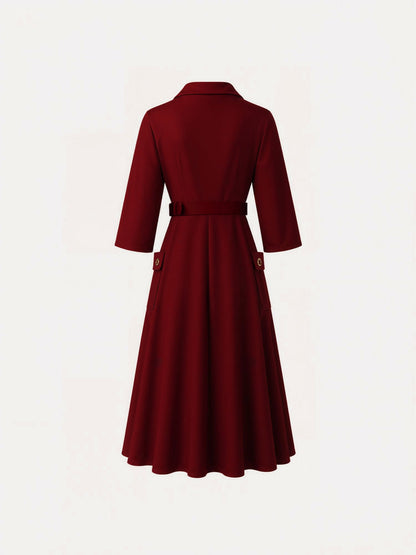 Notched Lapel Belted Pocketed Midi A-Line Dress