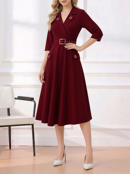 Notched Lapel Belted Pocketed Midi A-Line Dress