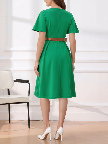 Flare Sleeves Pocketed Belted A-Line Midi Dress