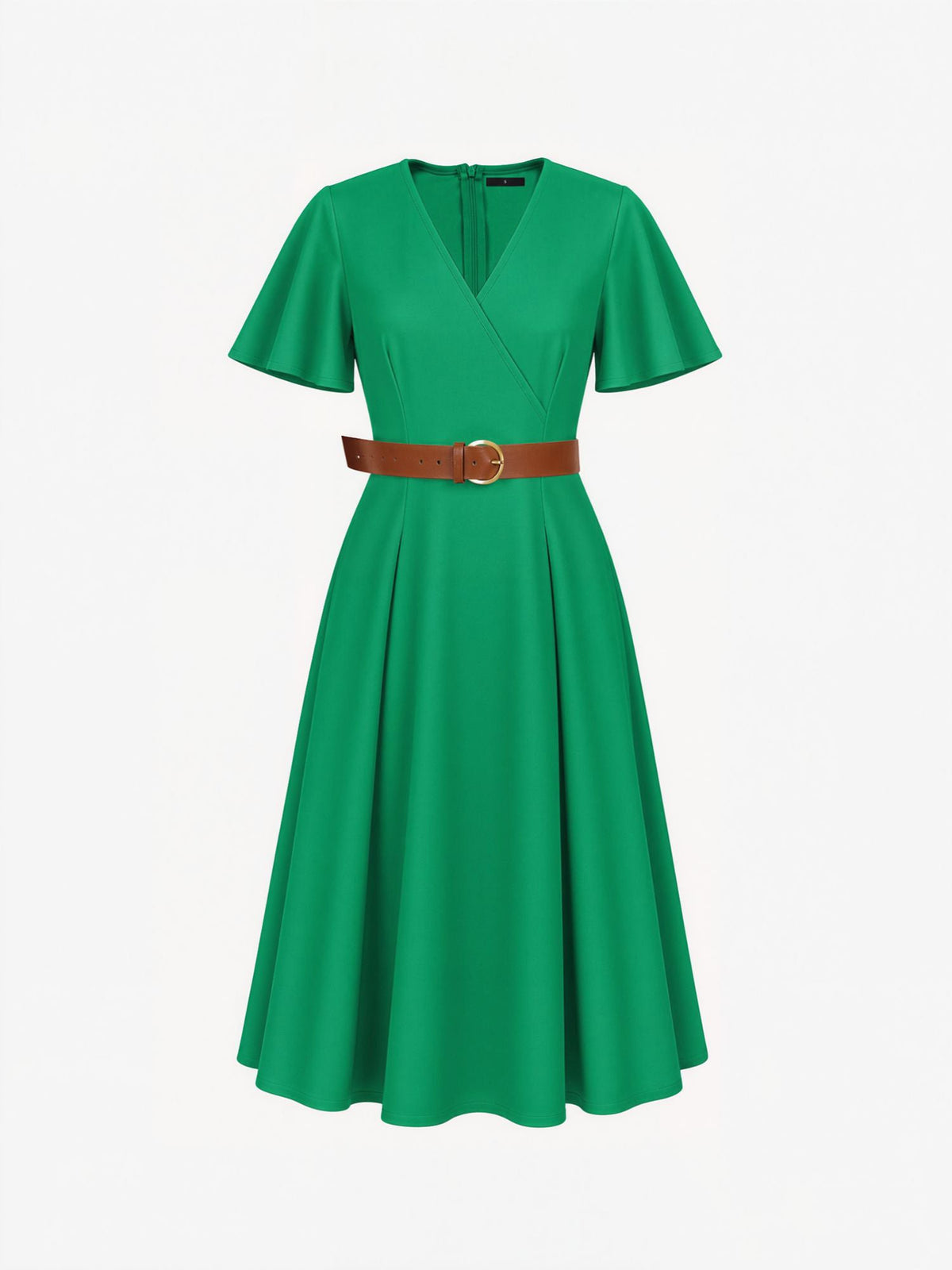 Flare Sleeves Pocketed Belted A-Line Midi Dress