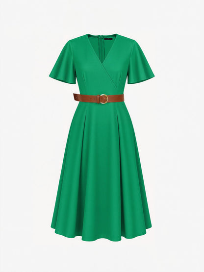 Flare Sleeves Pocketed Belted A-Line Midi Dress