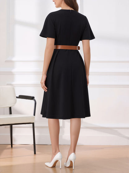 Flare Sleeves Pocketed Belted A-Line Midi Dress