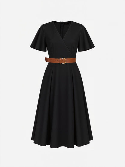 Flare Sleeves Pocketed Belted A-Line Midi Dress