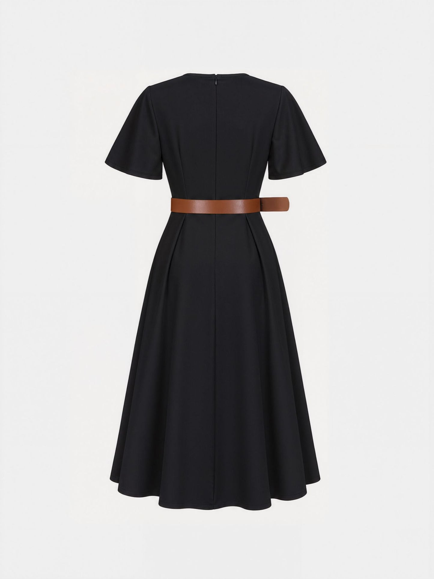 Flare Sleeves Pocketed Belted A-Line Midi Dress
