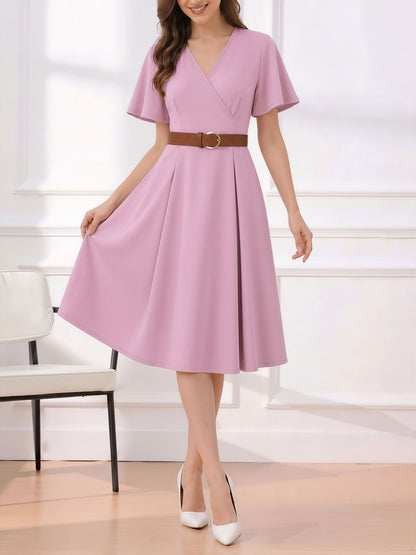 Flare Sleeves Pocketed Belted A-Line Midi Dress