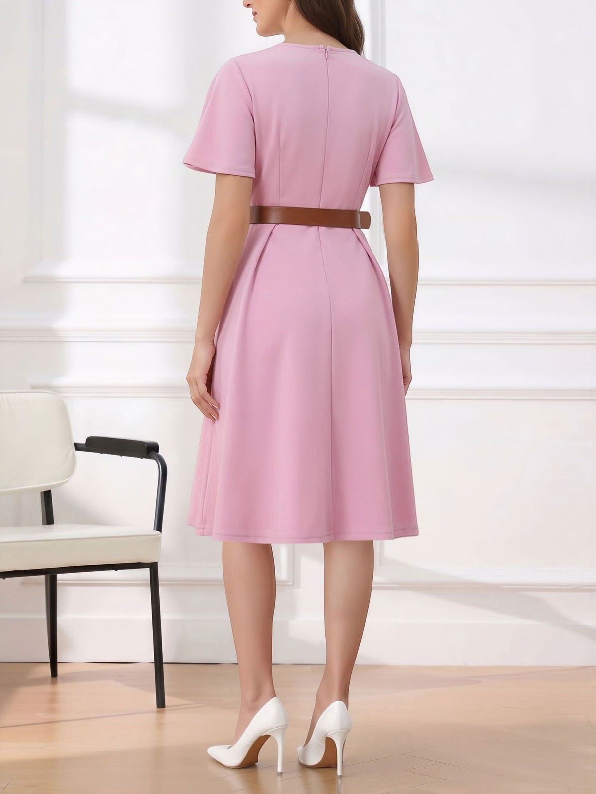 Flare Sleeves Pocketed Belted A-Line Midi Dress