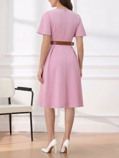Flare Sleeves Pocketed Belted A-Line Midi Dress