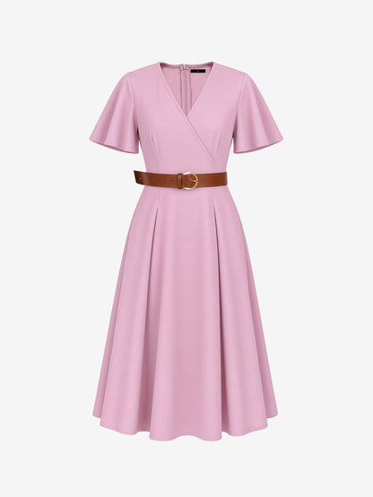 Flare Sleeves Pocketed Belted A-Line Midi Dress