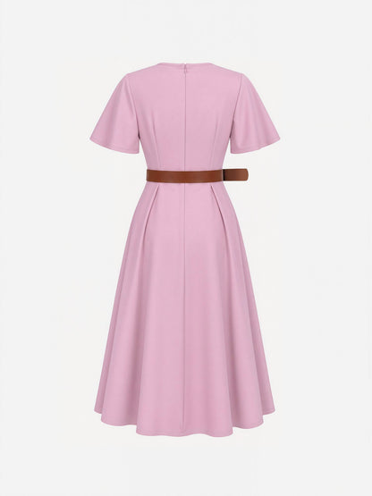 Flare Sleeves Pocketed Belted A-Line Midi Dress