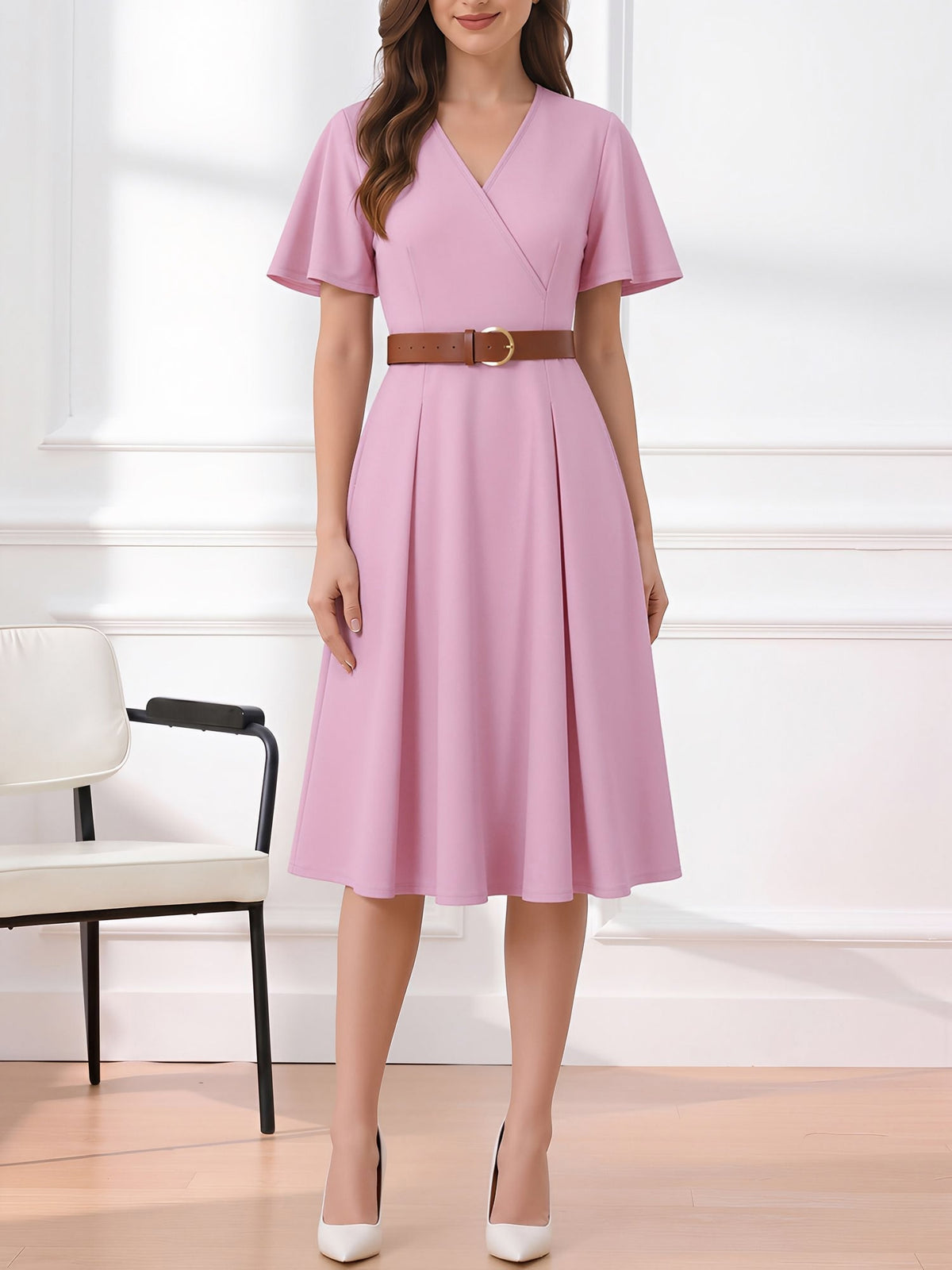 Flare Sleeves Pocketed Belted A-Line Midi Dress