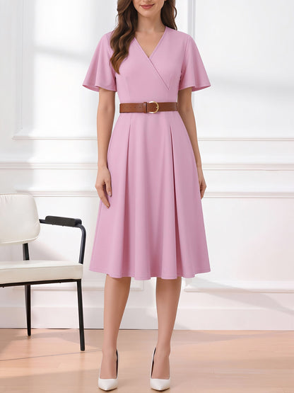 Flare Sleeves Pocketed Belted A-Line Midi Dress