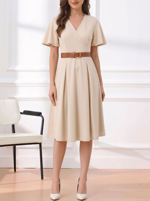 Flare Sleeves Pocketed Belted A-Line Midi Dress