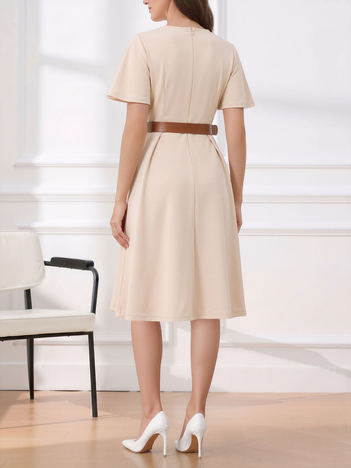 Flare Sleeves Pocketed Belted A-Line Midi Dress