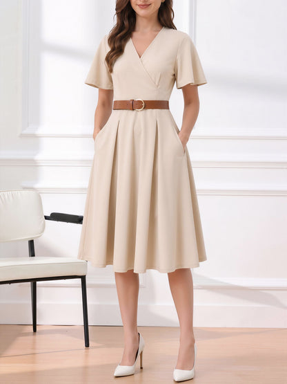 Flare Sleeves Pocketed Belted A-Line Midi Dress