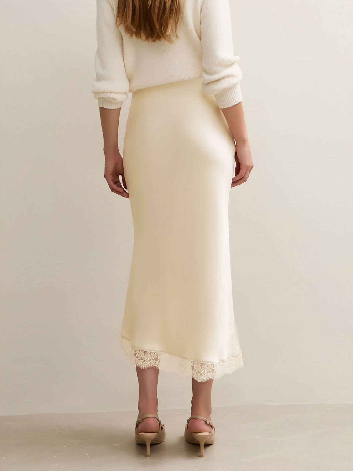 Lace Satin Elastic High Waist Midi Skirt