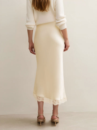 Lace Satin Elastic High Waist Midi Skirt
