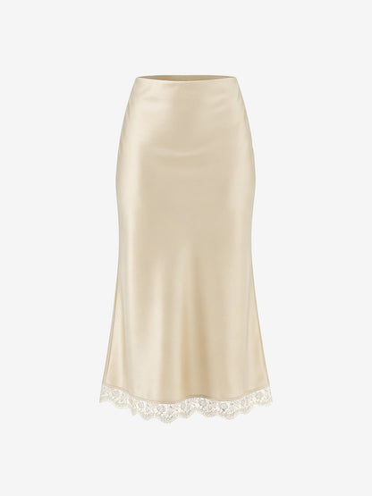 Lace Satin Elastic High Waist Midi Skirt