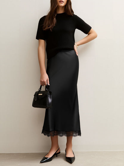 Lace Satin Elastic High Waist Midi Skirt