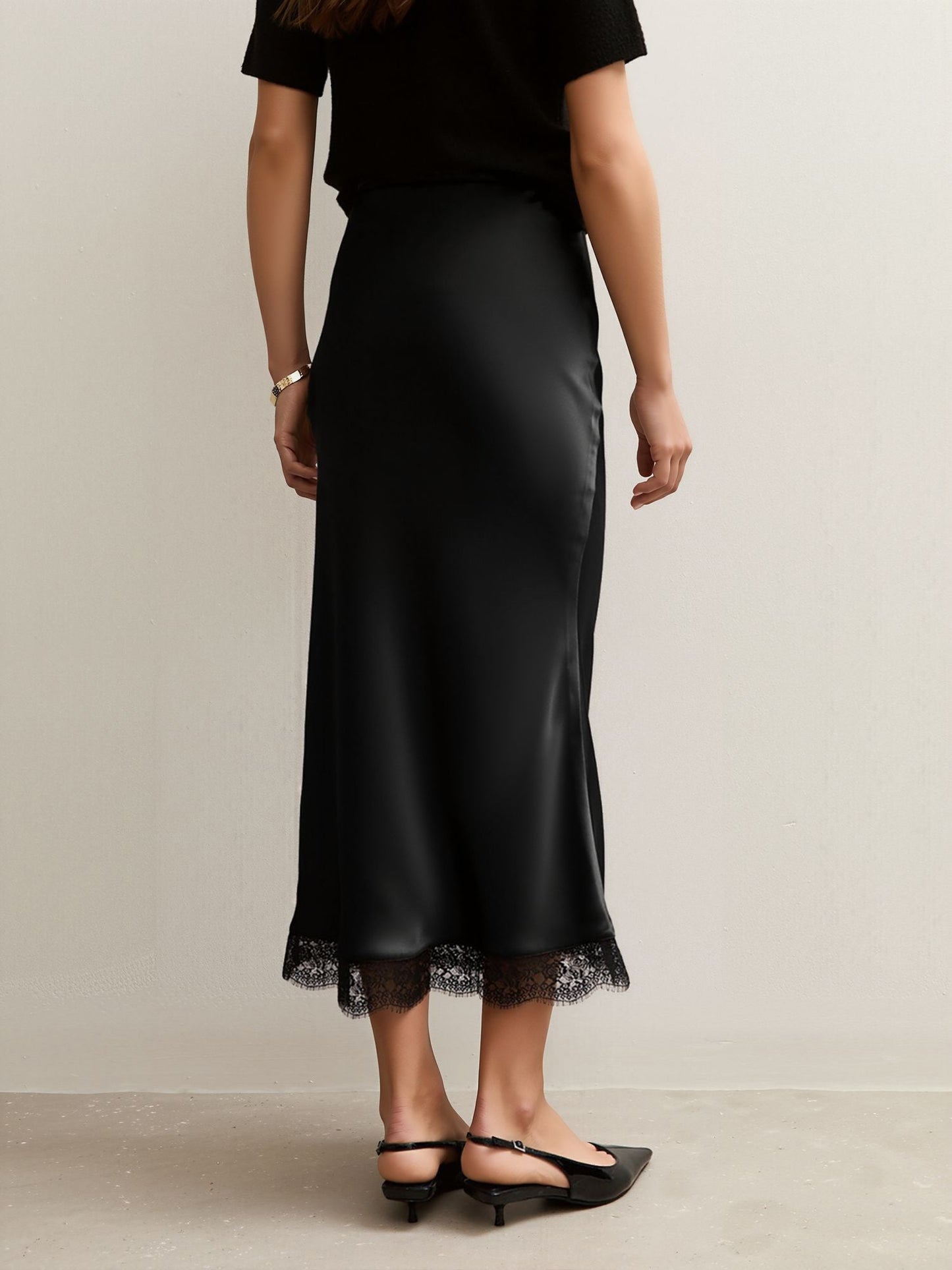 Lace Satin Elastic High Waist Midi Skirt
