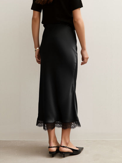 Lace Satin Elastic High Waist Midi Skirt