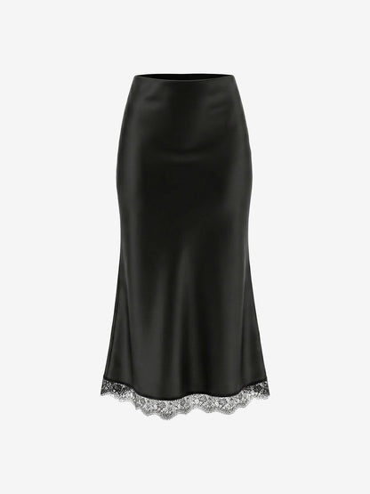 Lace Satin Elastic High Waist Midi Skirt