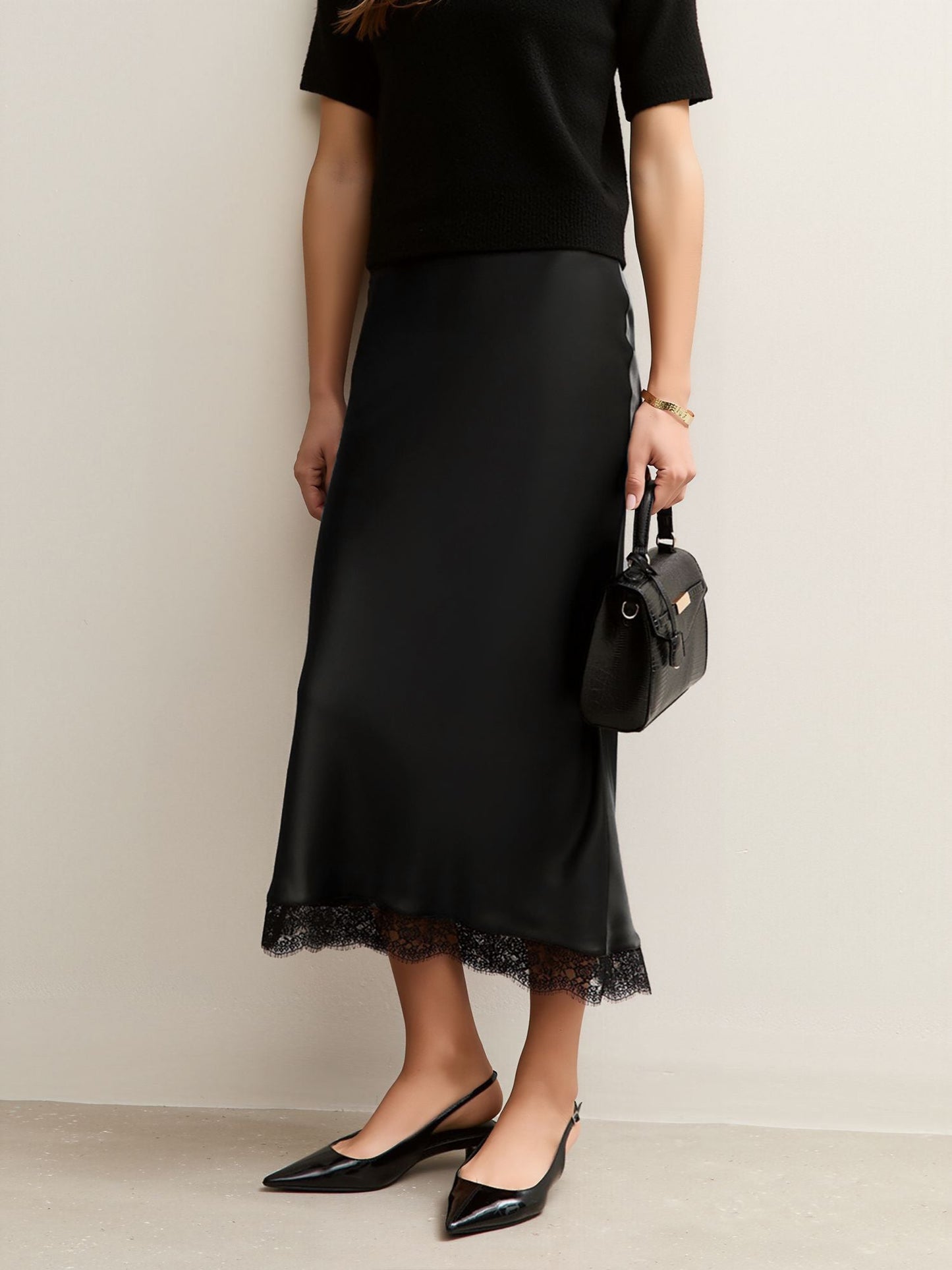 Lace Satin Elastic High Waist Midi Skirt