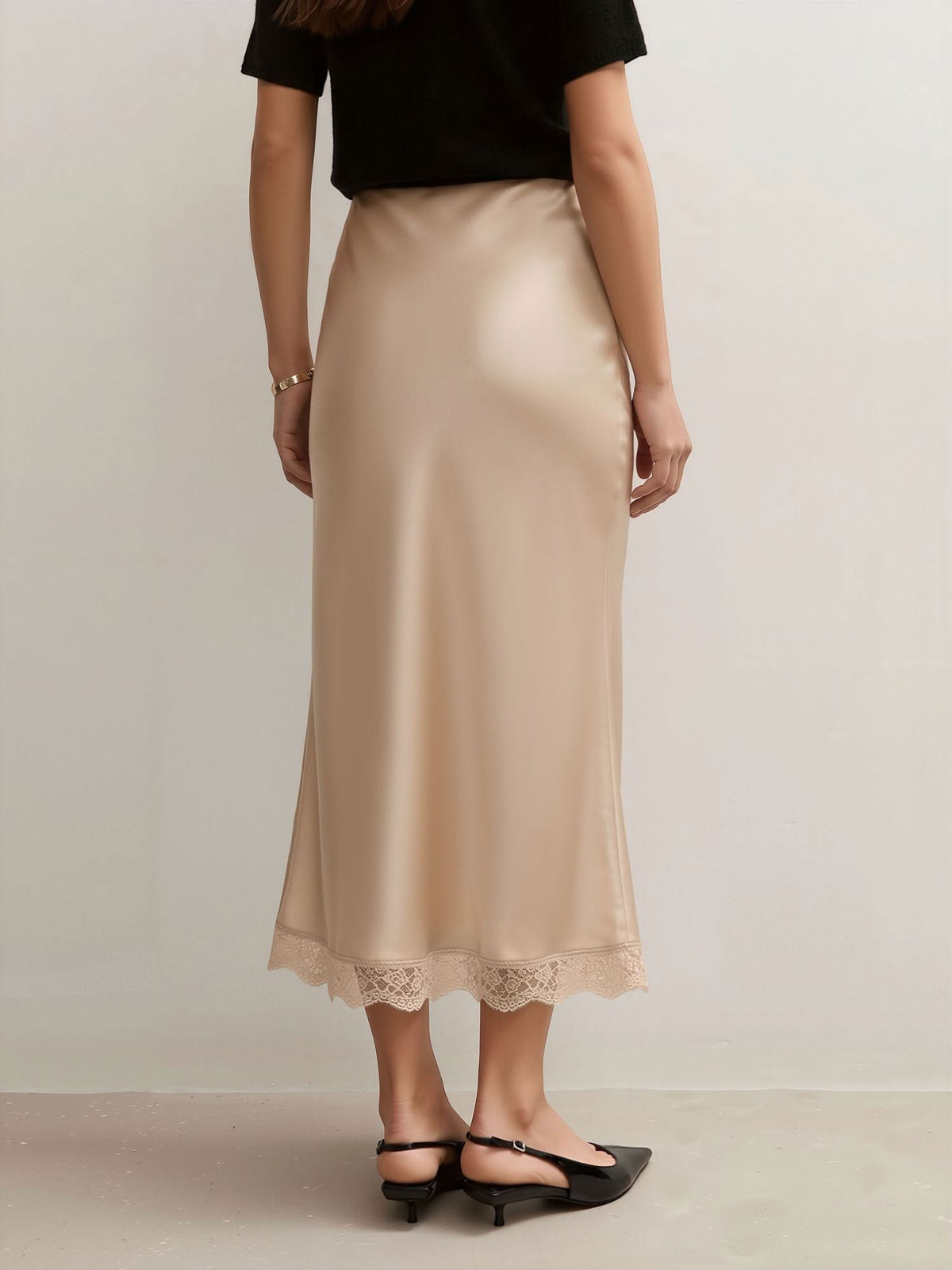 Lace Satin Elastic High Waist Midi Skirt