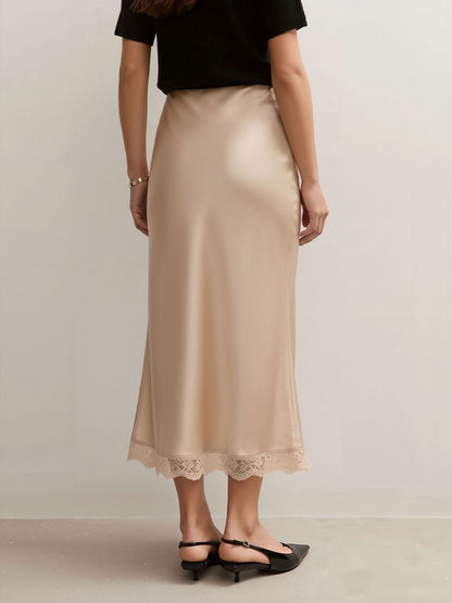 Lace Satin Elastic High Waist Midi Skirt