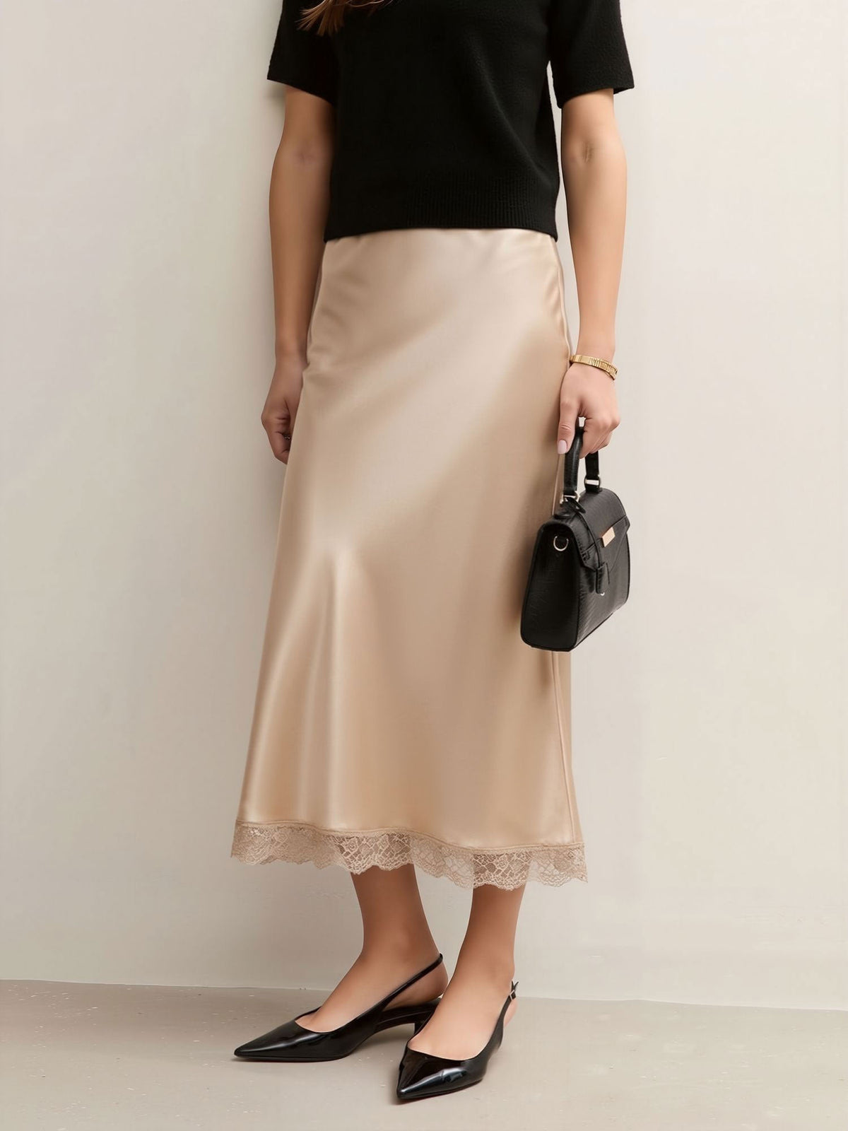 Lace Satin Elastic High Waist Midi Skirt