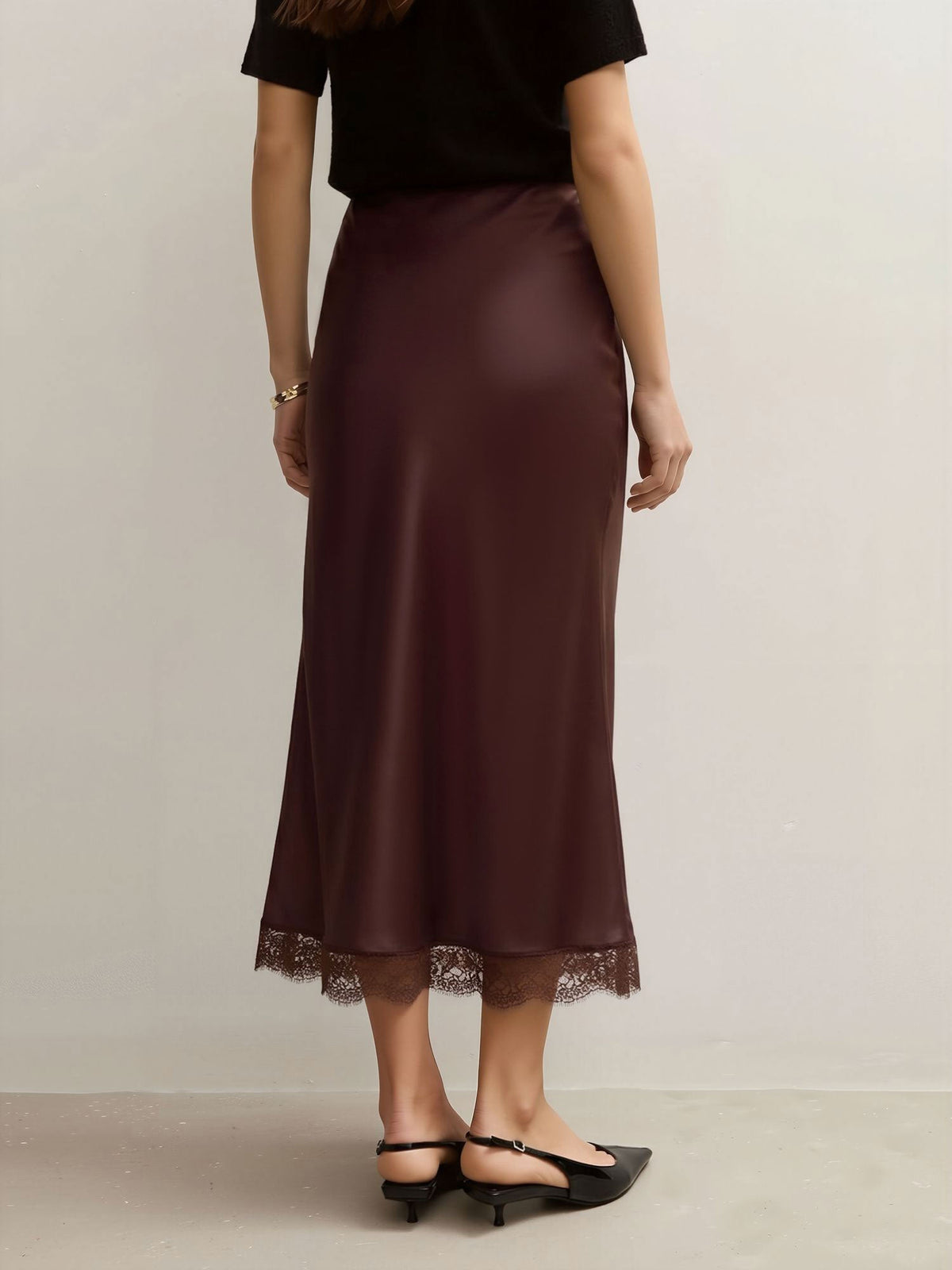 Lace Satin Elastic High Waist Midi Skirt