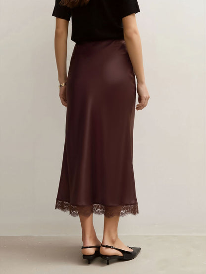 Lace Satin Elastic High Waist Midi Skirt